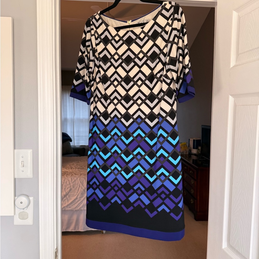 Eliza J - Black and Blue Geometric Midi Dress - Sz. 12